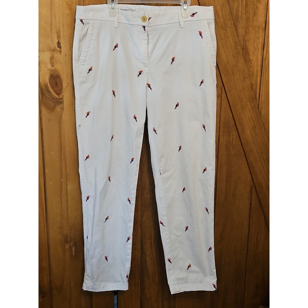 Talbots Relaxed Chino Pants 8 White Parrot Embroidered Cotton Stretch Prep #733 - Picture 2 of 12